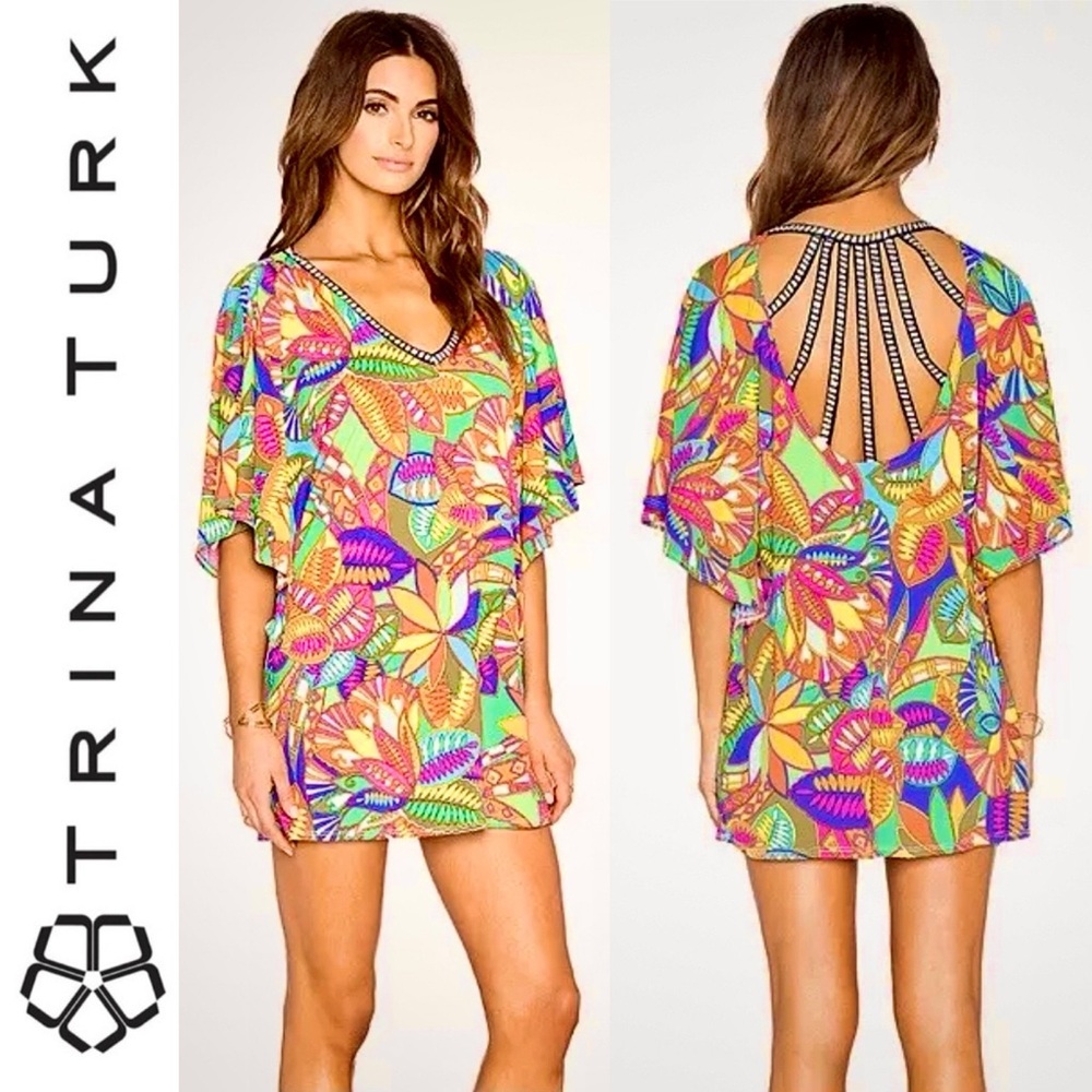 Trina Turk Montezuma Beach Coverup Tunic Dress M Boho Floral Print Cut Out Back - Picture 2 of 16